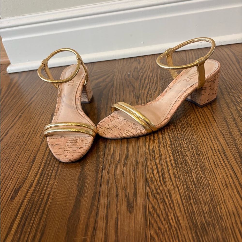 New Schultz Gold and Tan Block Heel Sandals perfect for adding a polished look!